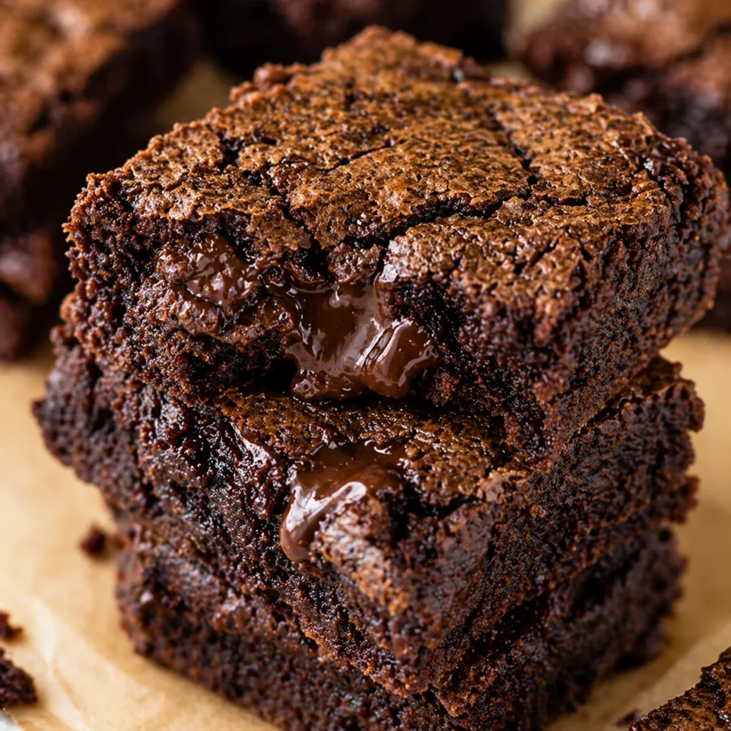 Stacked fudgy chocolate brownies with cocoa powder coating and shiny crackly tops, homemade dessert bars