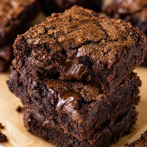 Stacked fudgy chocolate brownies with cocoa powder coating and shiny crackly tops, homemade dessert bars