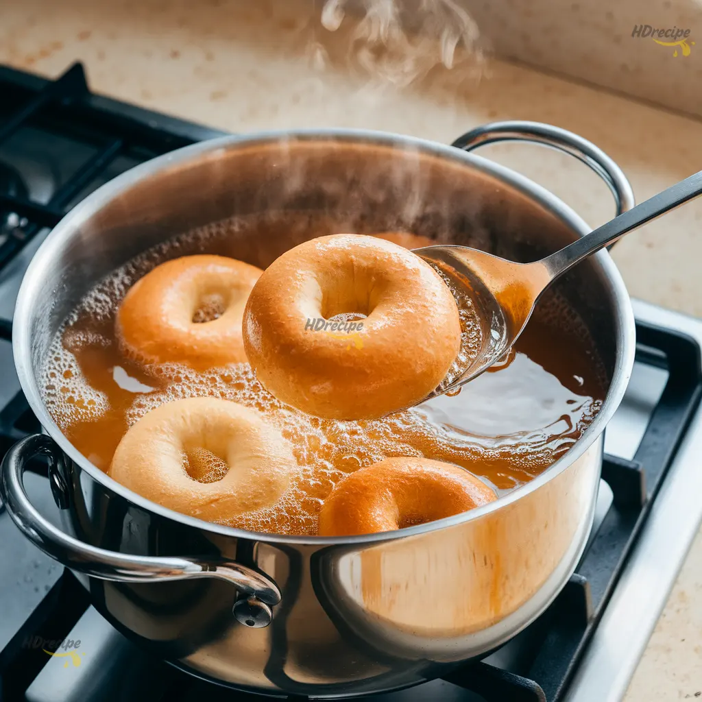 gluten-free-bagels-boiling Bagels boiling in water with honey, one being lifted out with a slotted spoon.