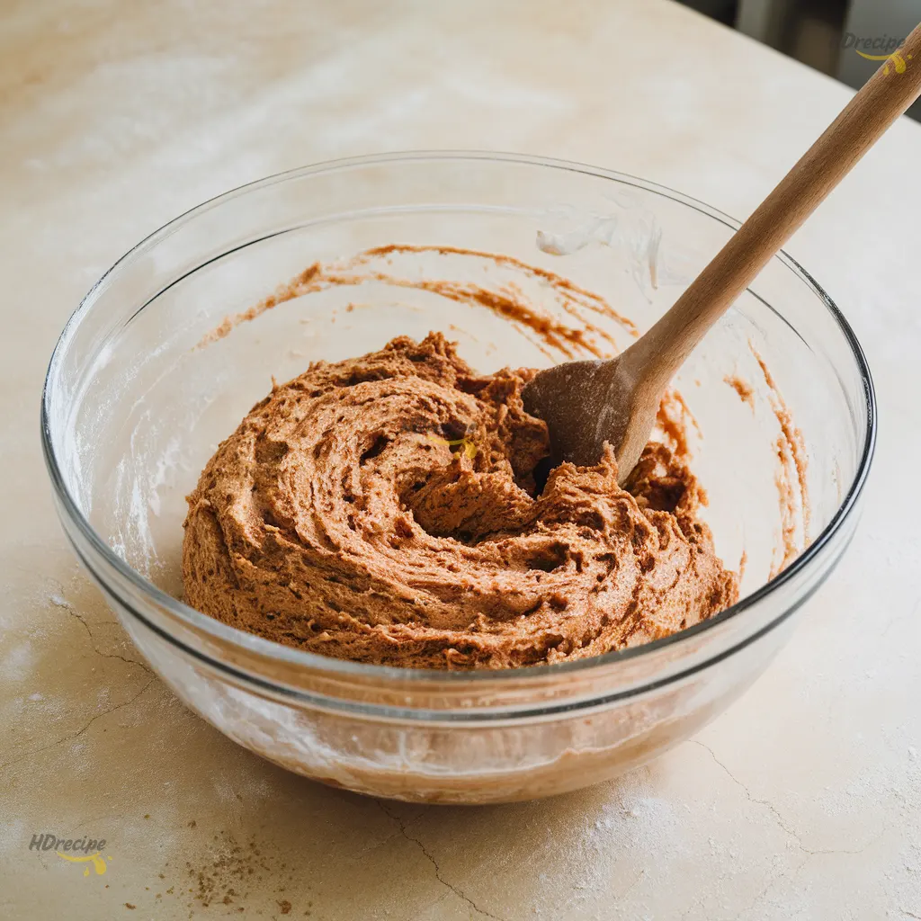gluten-free-bagels-dough-mixing Close-up of sticky gluten-free bagel dough being mixed in a glass bowl with a wooden spoon.
