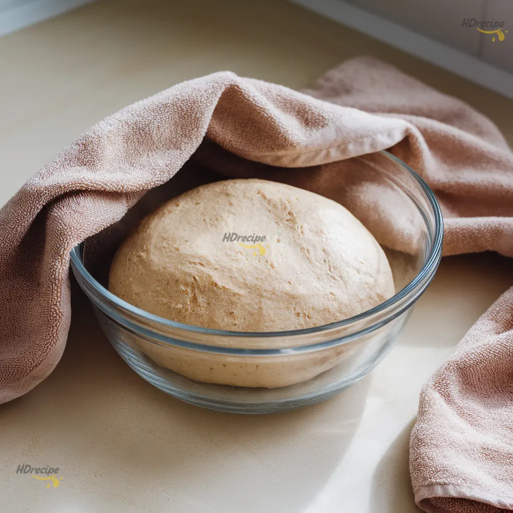 gluten-free-bagels-dough-rise isen gluten-free bagel dough in a glass bowl covered with a towel.