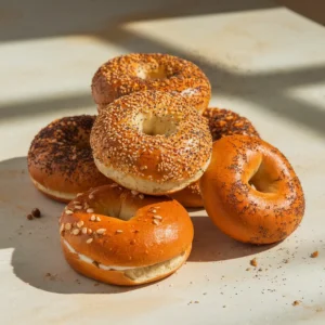 Close-up shot of glossy, golden gluten-free bagels stacked on a light beige counter, topped with sesame, poppy seeds, and everything bagel seasoning.