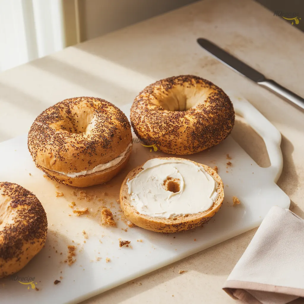 gluten-free-bagels-final-serving Freshly baked gluten-free bagels on a cutting board, one sliced and spread with cream cheese.