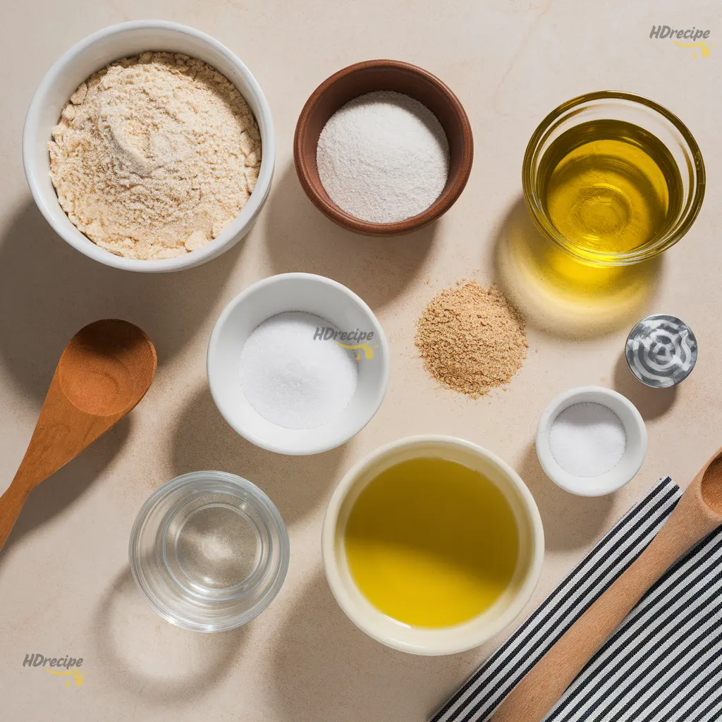 gluten-free-bagels-ingredients Top-down image of gluten-free bagel ingredients—various flours, psyllium husk, yeast, and olive oil—arranged neatly.