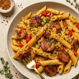 shot of creamy gluten-free Cajun chicken pasta with golden chicken, peppers, onions, and Parmesan .