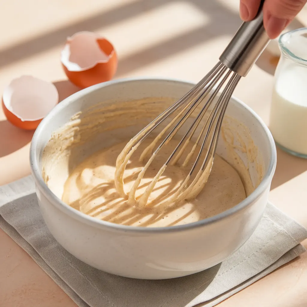 Close-up of gluten-free pancake batter being whisked