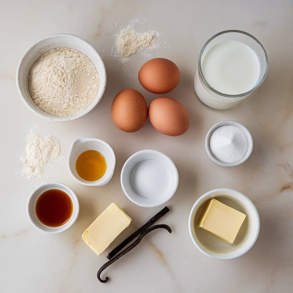 Top-down view of gluten-free pancake ingredients including flour blend, eggs, milk, butter, sugar, and vanilla.