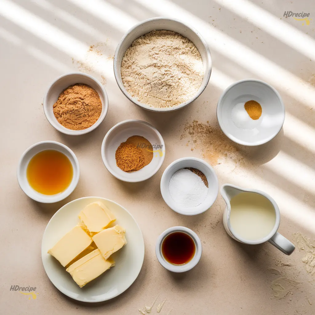 graham-crackers-ingredients Neatly arranged ingredients for gluten-free graham crackers in small bowls on a light beige counter.