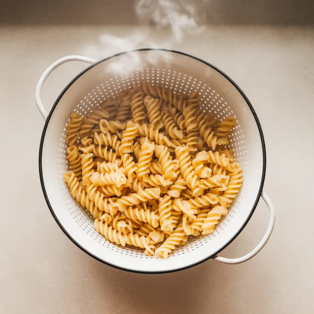 green-goddess-pasta-salad-cooking-pasta Freshly drained rotini pasta cooling in a colander
