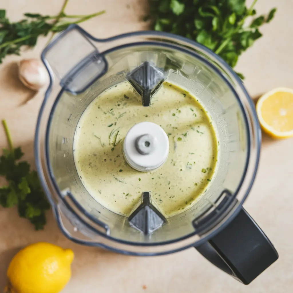 green-goddess-pasta-salad-dressing Creamy homemade Green Goddess dressing in a blender