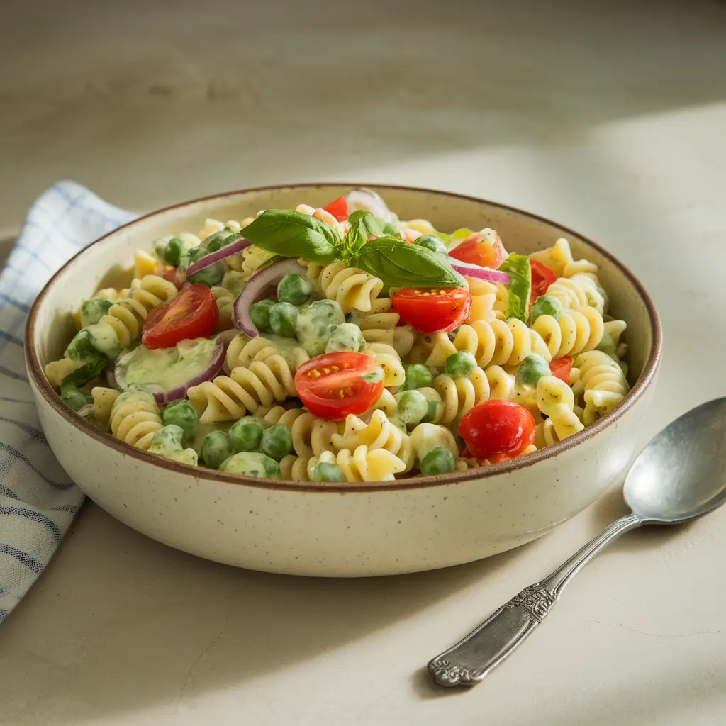 green-goddess-pasta-salad-finished Finished Green Goddess Pasta Salad garnished with fresh herbs in a ceramic serving bowl.