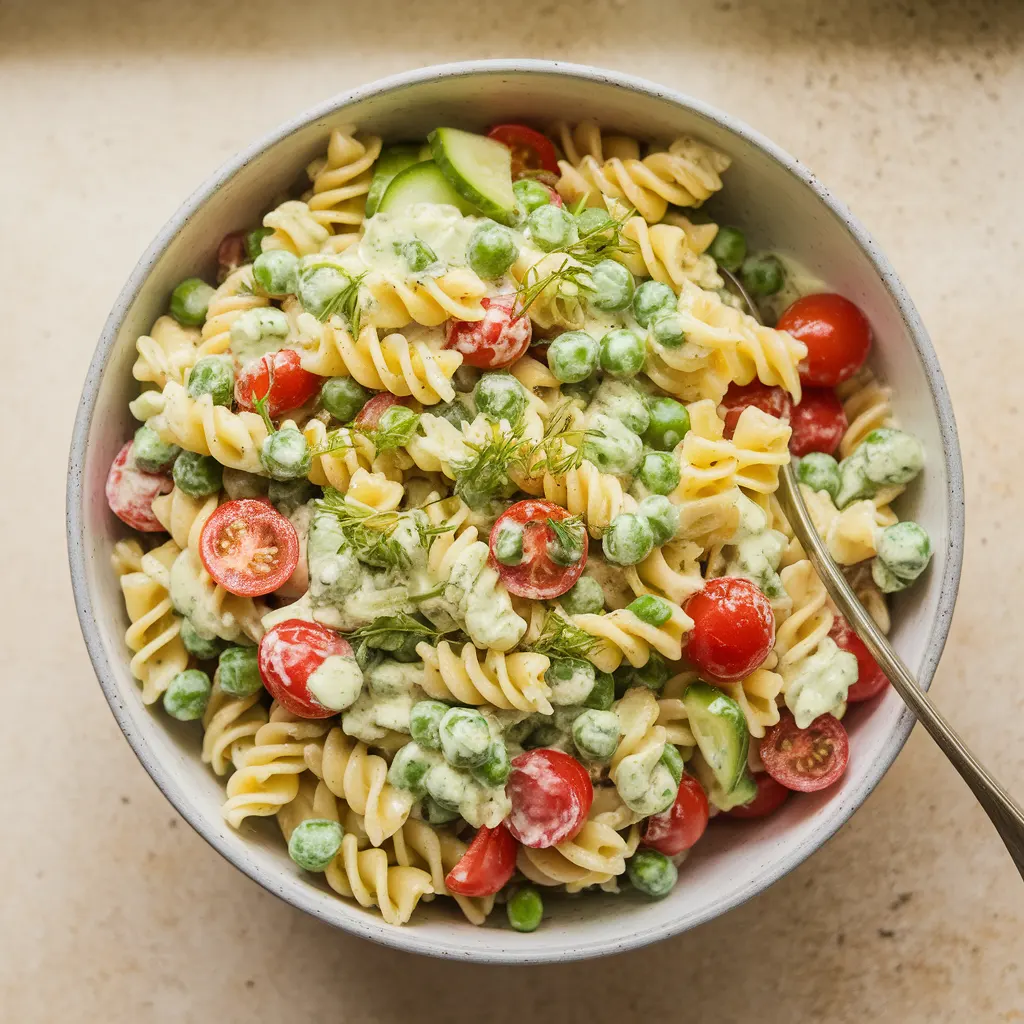 Vibrant bowl of Green Goddess Pasta Salad with fresh vegetables and creamy green dressing