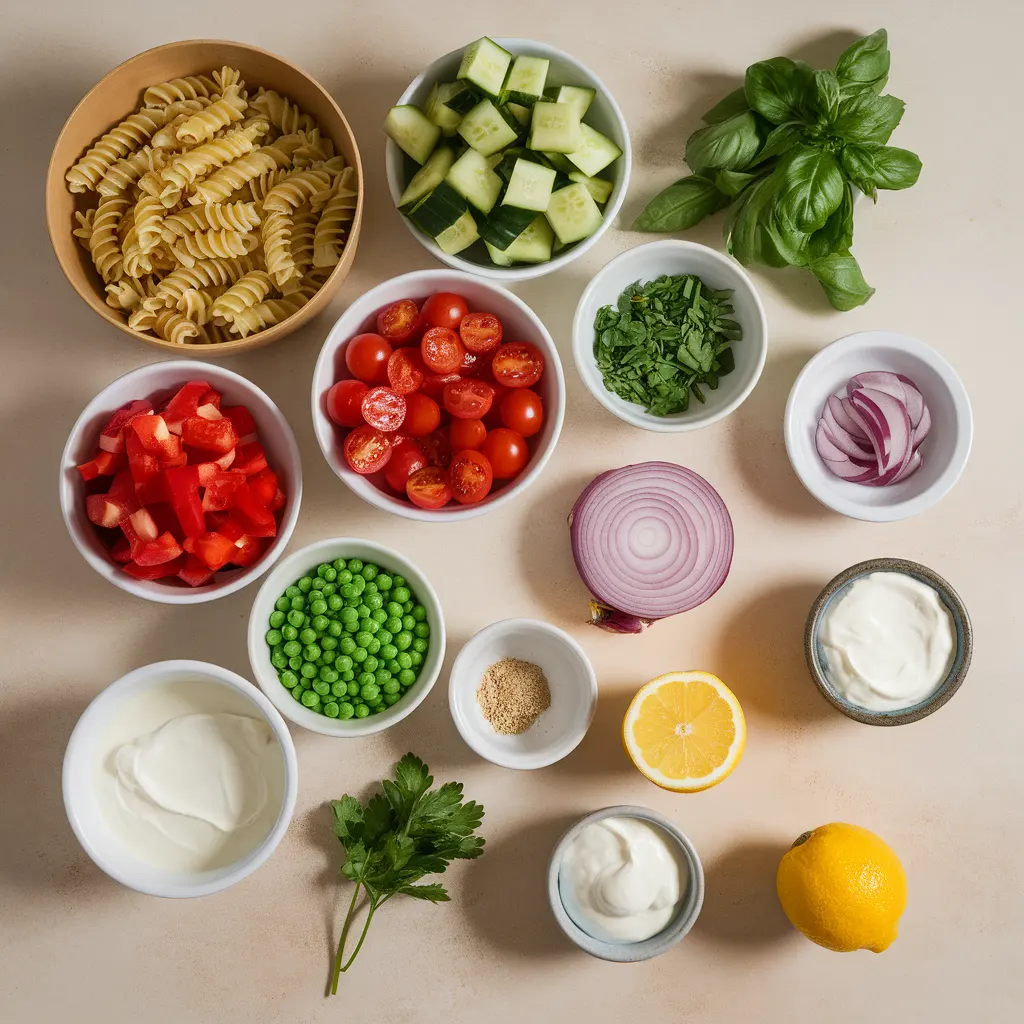 green-goddess-pasta-salad-ingredients Fresh ingredients for Green Goddess Pasta Salad arranged