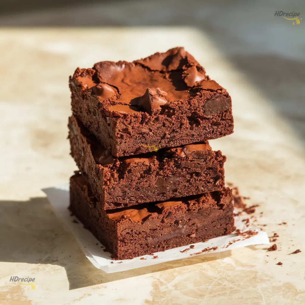 inal-brownie-stack-closeup-plate Close-up of two stacked fudgy cocoa brownies on a small white plate showing dense, gooey interior and crumbs scattered.