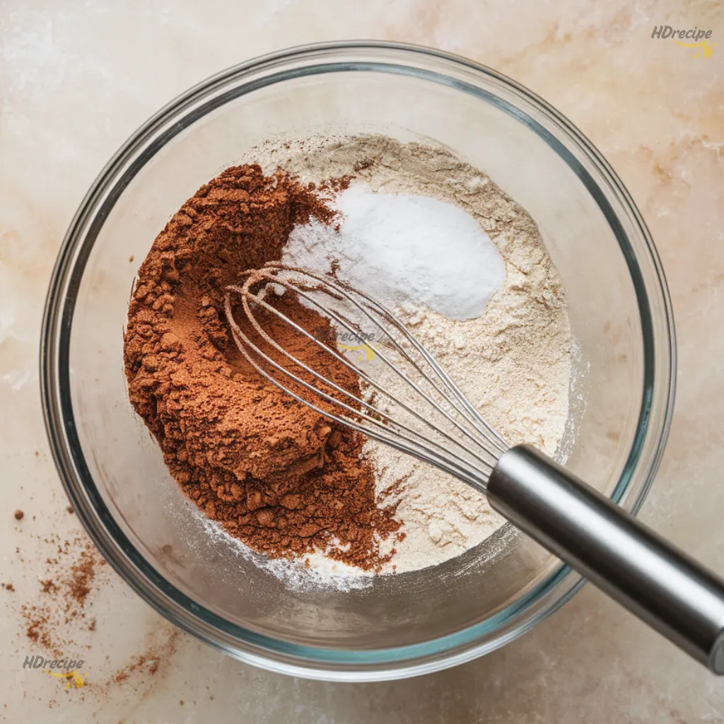 mixing-dry-ingredients-cocoa-flour Overhead shot of unsweetened cocoa powder, sifted flour, salt and baking powder.