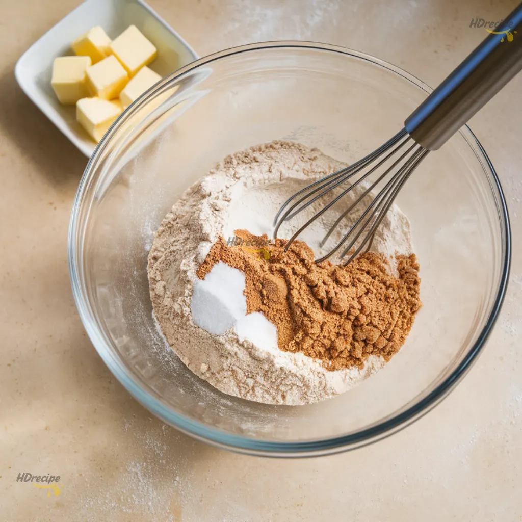 mixing-dry-ingredients Mixing bowl with gluten-free flour blend, brown sugar, and cinnamon whisked together