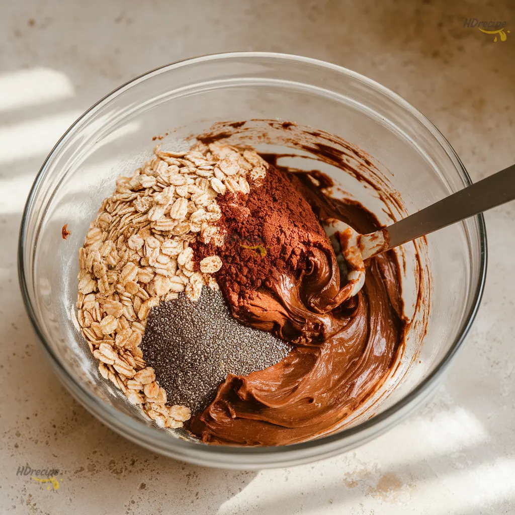 mixing-energy-ball-ingredients Glass mixing bowl with oats, almond butter, cocoa, chia seeds, and date paste being combined for dark chocolate energy balls.