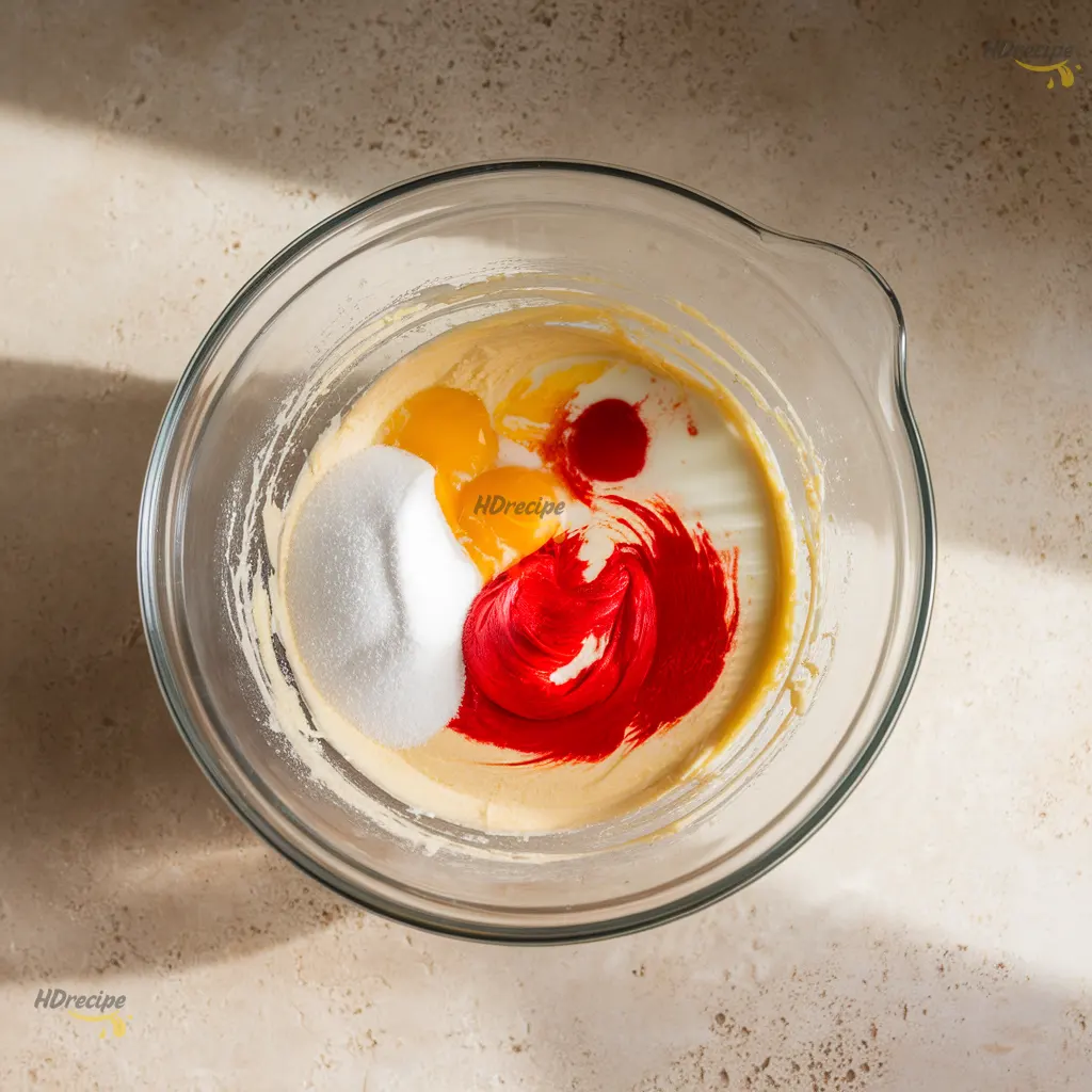 mixing-red-cookie-dough Overhead view of wet ingredients and red food coloring mixed into cookie dough.