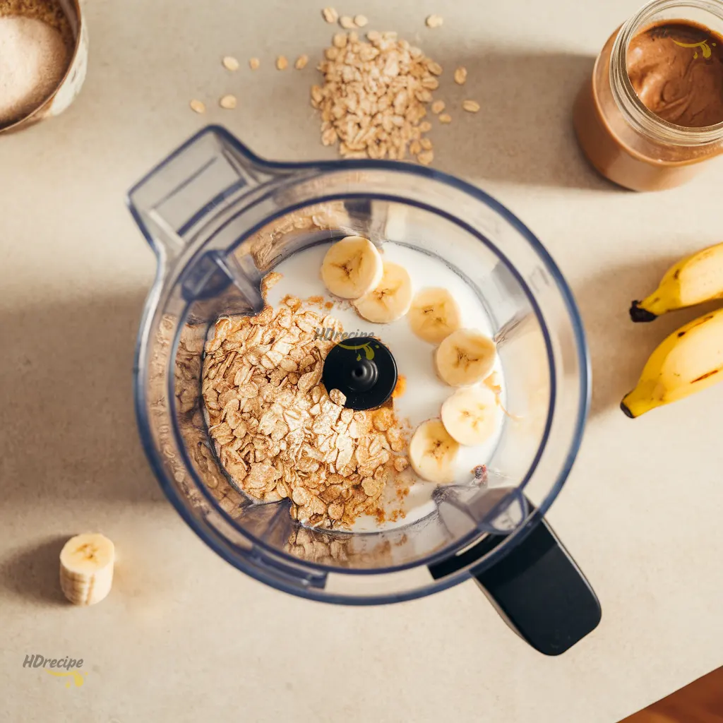 oats-banana-smoothie-blender Blender on a light beige counter filled with oats, banana chunks, almond milk, and almond butter, styled with natural daylight and scattered oats.