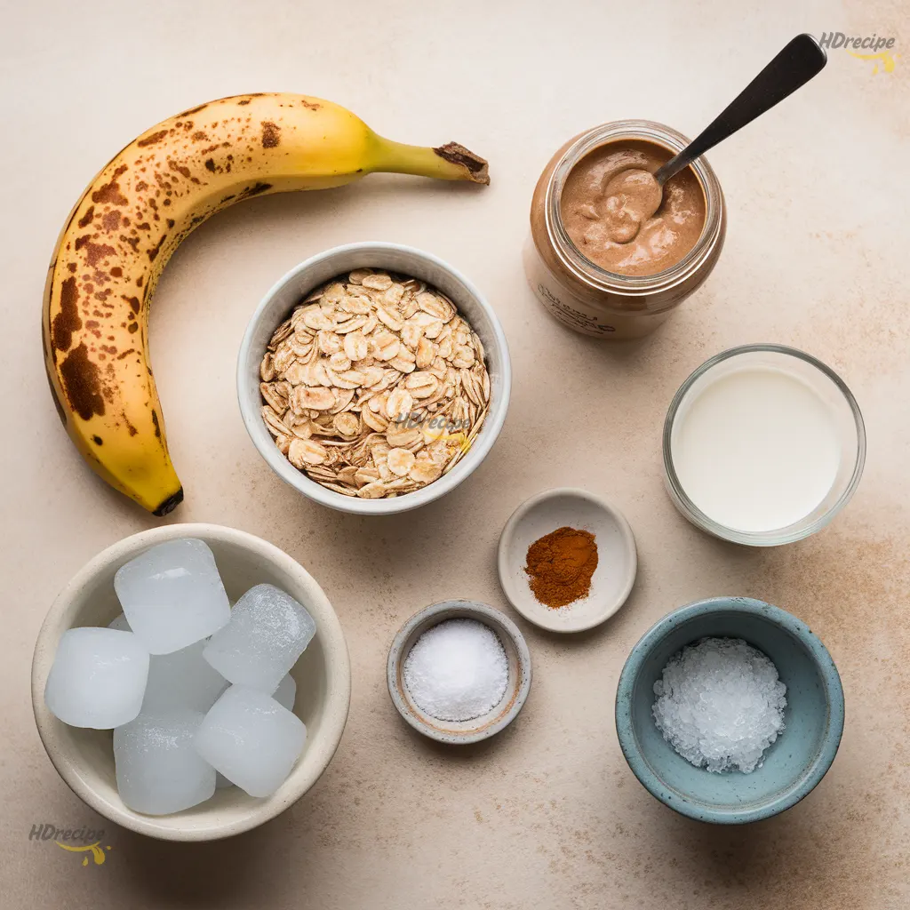 oats-banana-smoothie-ingredients Flat lay of smoothie ingredients including ripe banana, oats, almond butter, almond milk, cinnamon, vanilla, ice cubes.