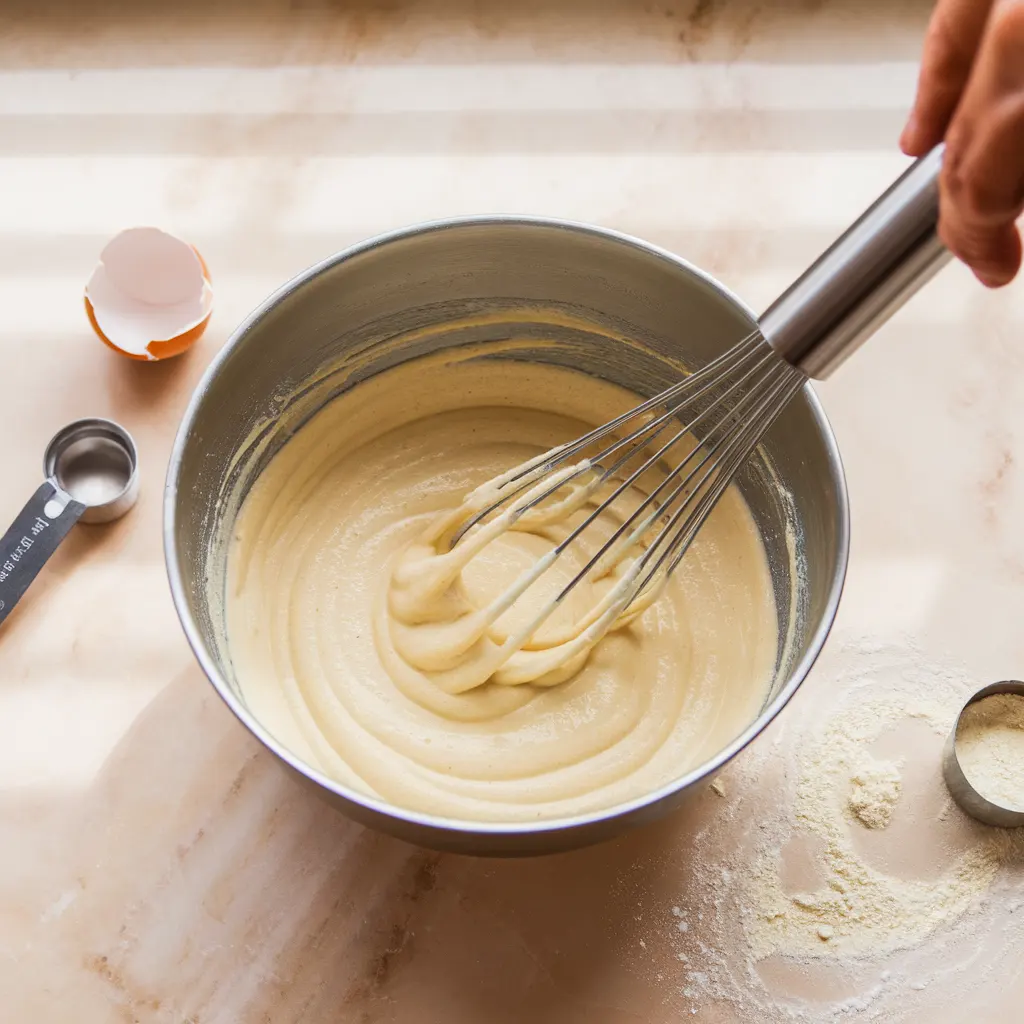 pancake batter pancake batter being whisked in a bowl on marble counter with egg shells and utensils around.