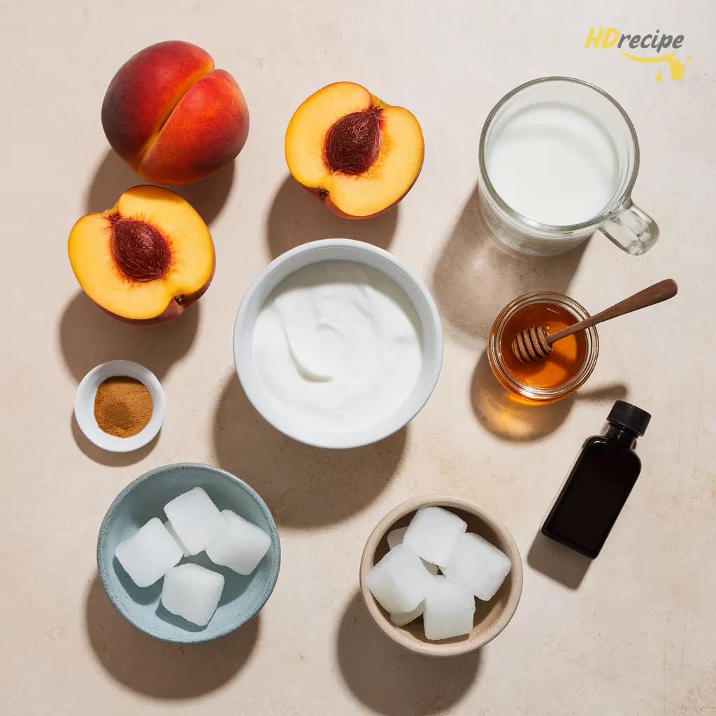 peach-smoothie-ingredients-flatlay Flat lay of fresh peaches, Greek yogurt, milk, honey, cinnamon, vanilla, and ice cubes arranged neatly.