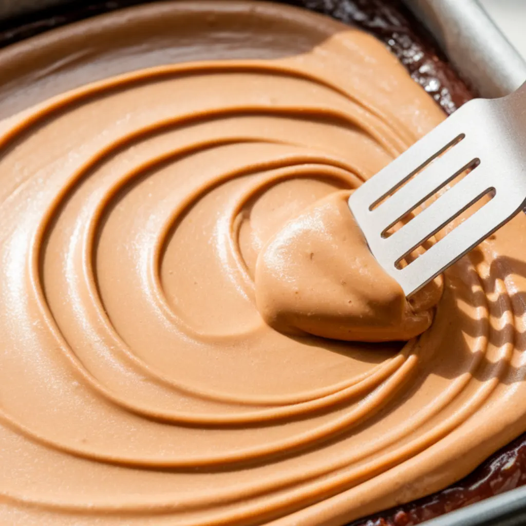 peanut-butter-layer-spread Peanut butter layer being spread over the pressed date base with a spatula in a baking pan.