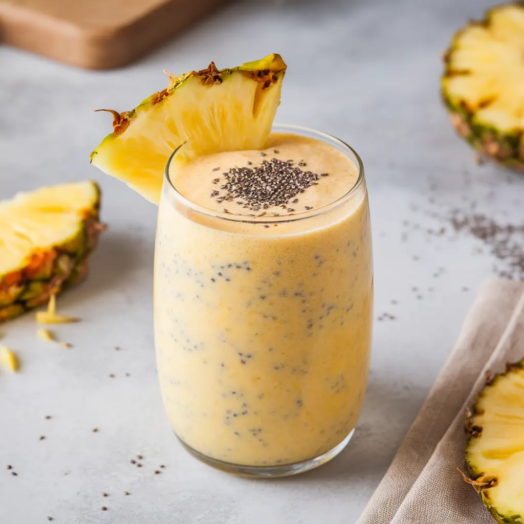 pineapple smoothie in a tall glass, topped with pineapple wedge and chia seeds.