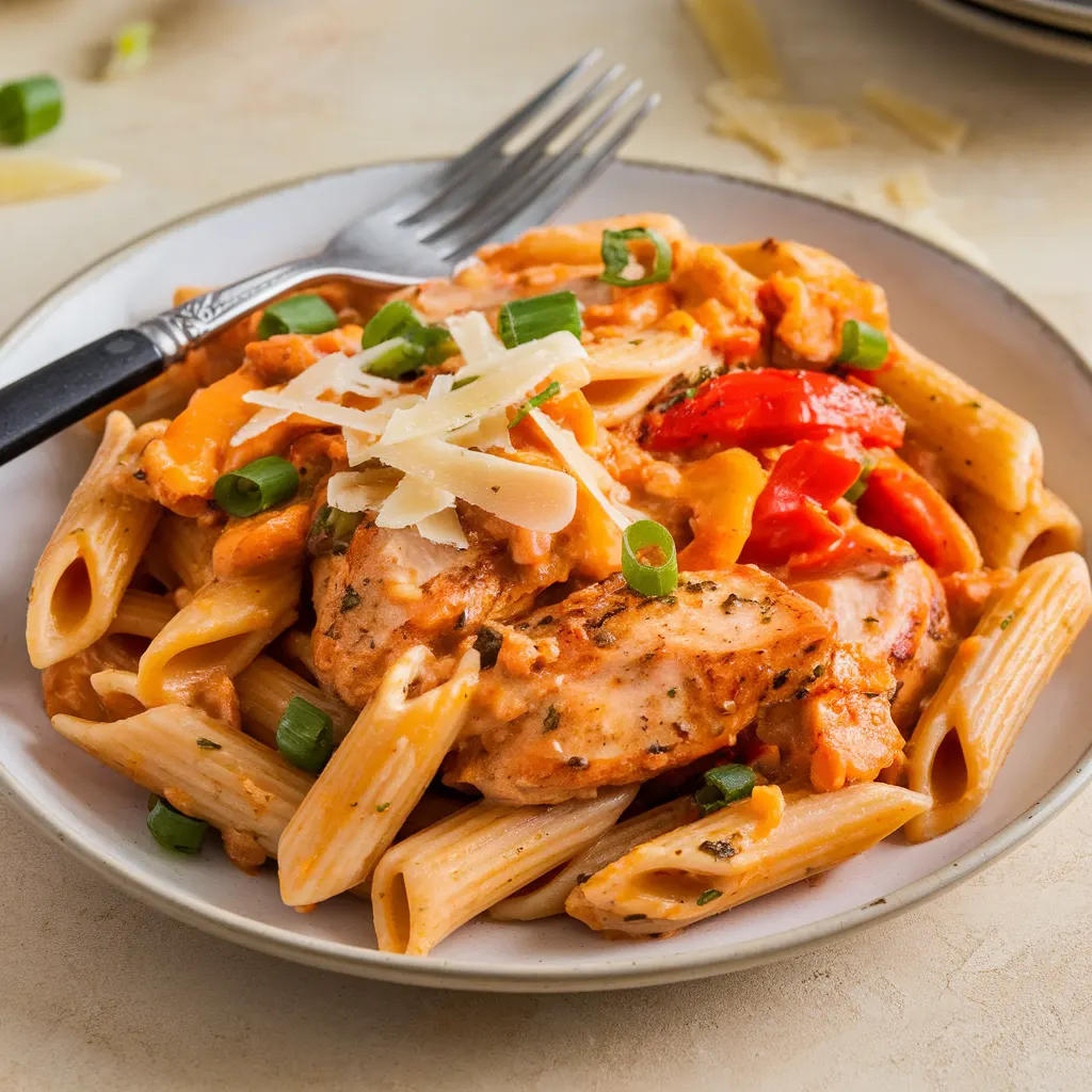 plated-cajun-chicken-pasta-closeup creamy Cajun chicken pasta plated with chicken, peppers, Parmesan, and green onions
