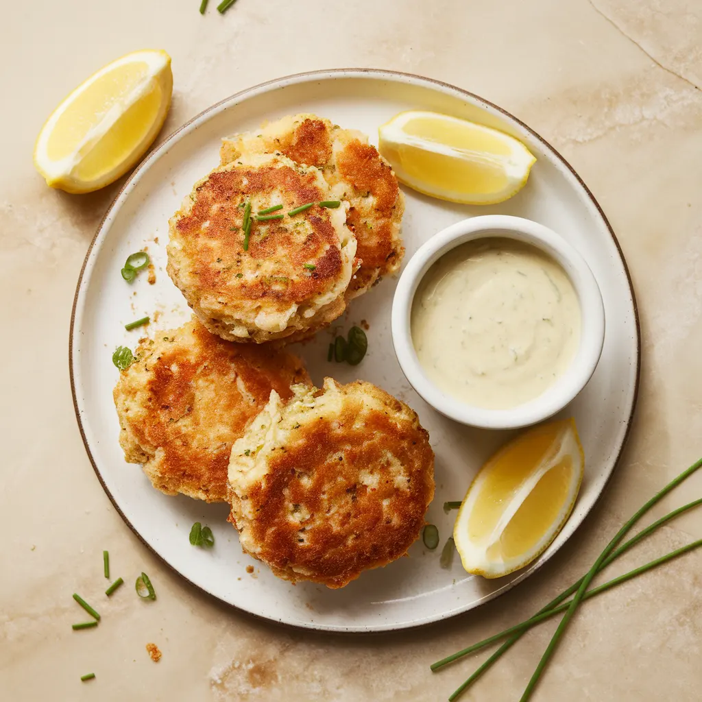 plated-crab-cakes-with-sauce Plated crab cakes drizzled with lemon-garlic sauce and garnished with chives and lemon wedges.