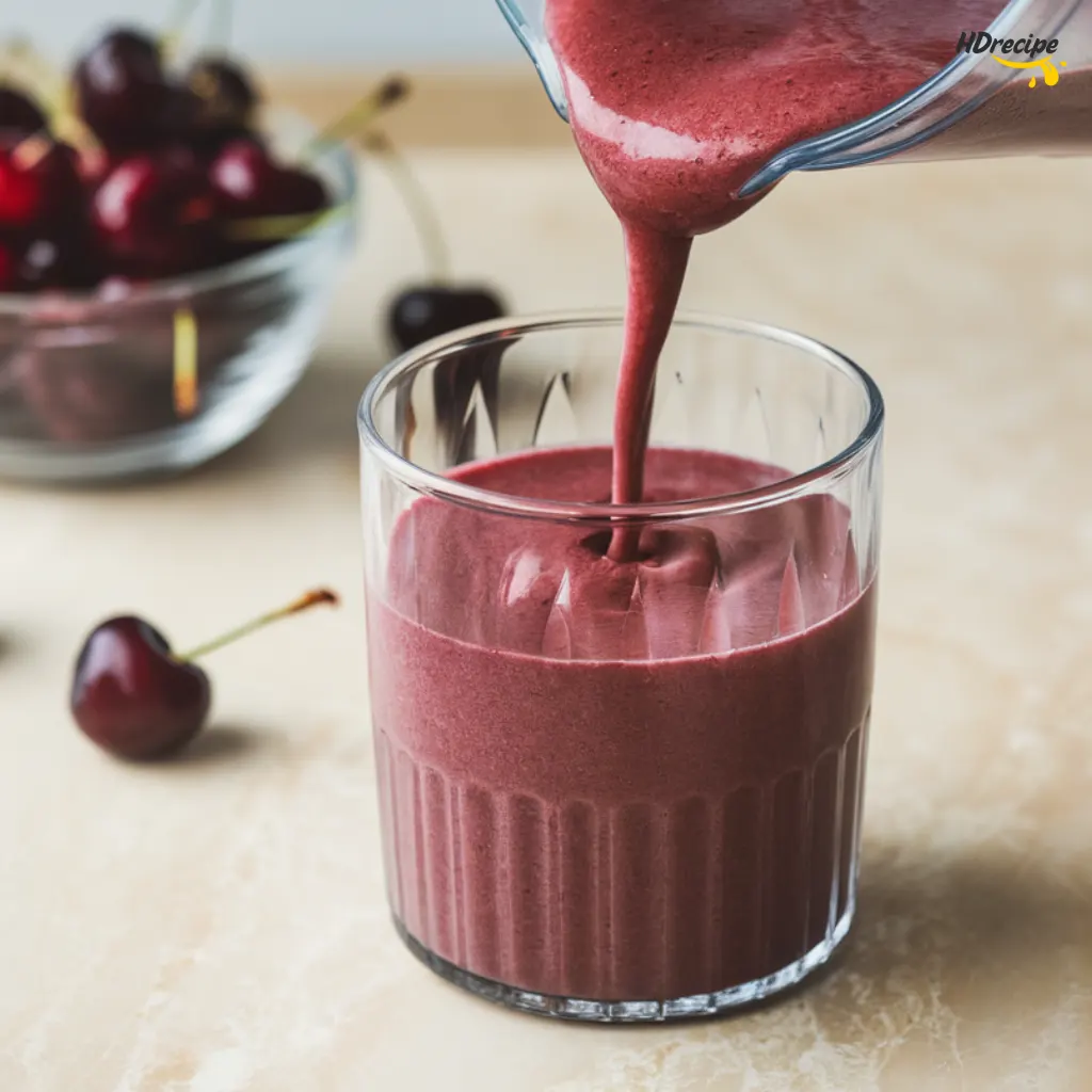 pouring-cherry-smoothie-from-blender herry smoothies on a white-beige marble counter, one topped with honey
