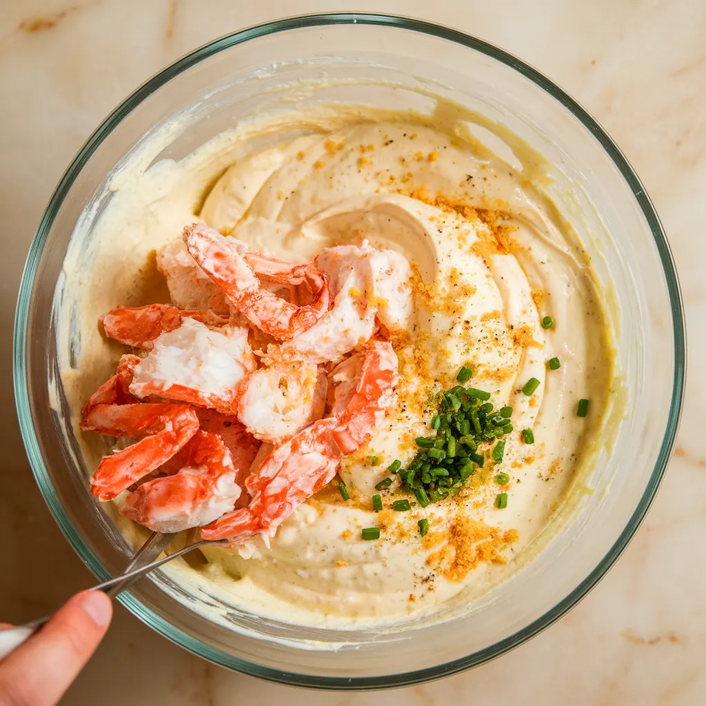 raw-crab-cakes-chilling Overhead view of crab meat being gently folded with breadcrumbs into a creamy mixture.