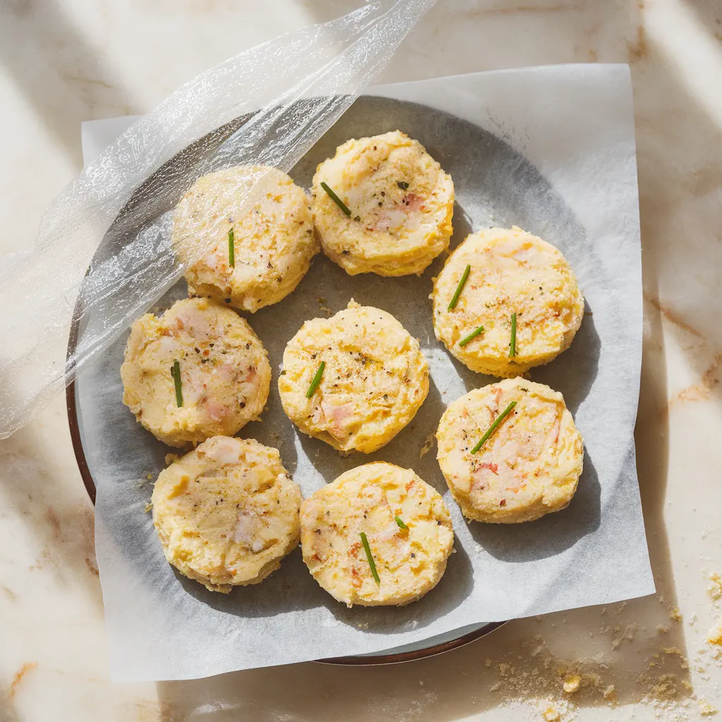 raw-crab-cakes-chillingg Raw crab cake patties shaped on a parchment-lined plate, ready to chill before cooking.