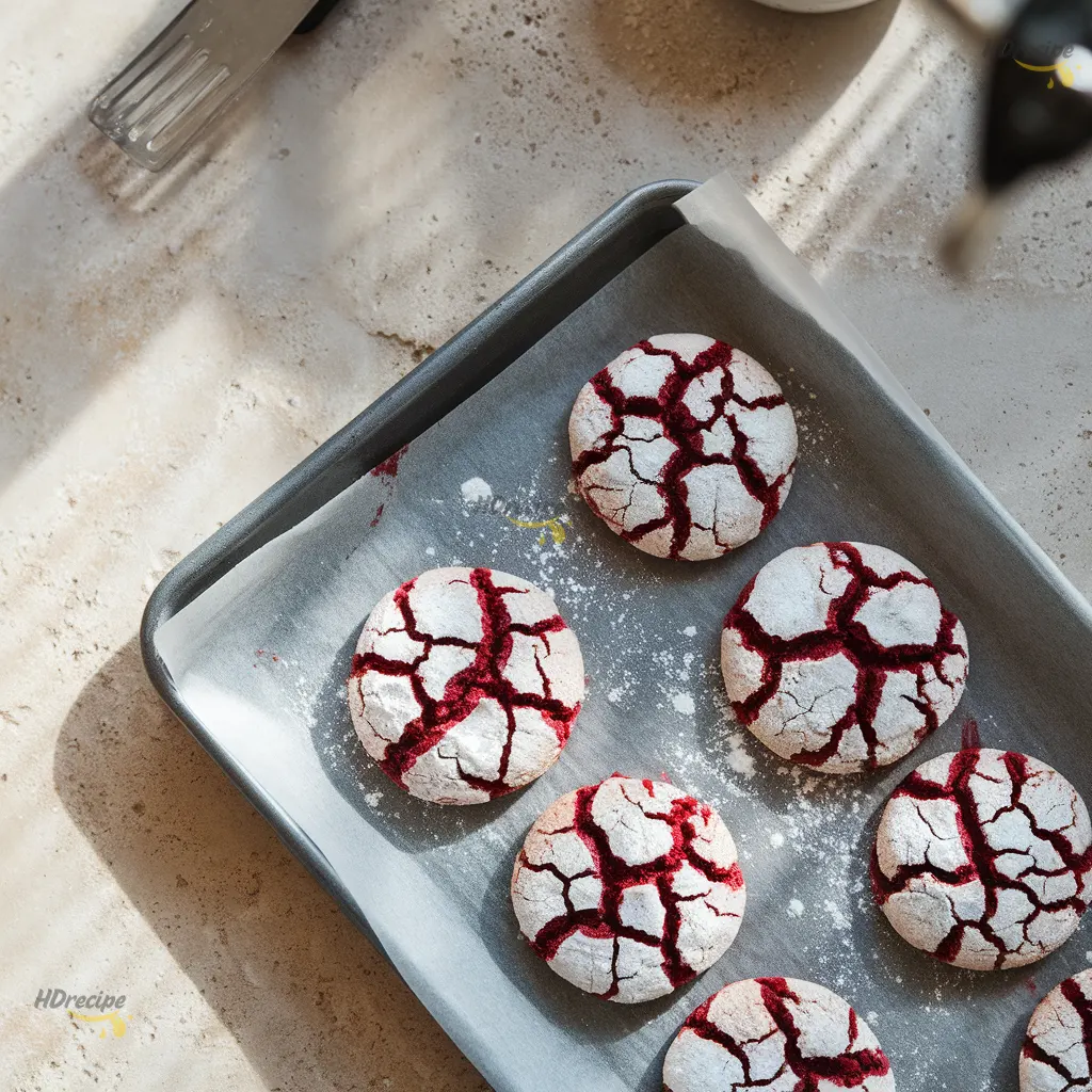red-velvet-crinkle-cookies-baking-sheet Overhead view of freshly baked red velvet crinkle cookies with white cracks on parchment paper.