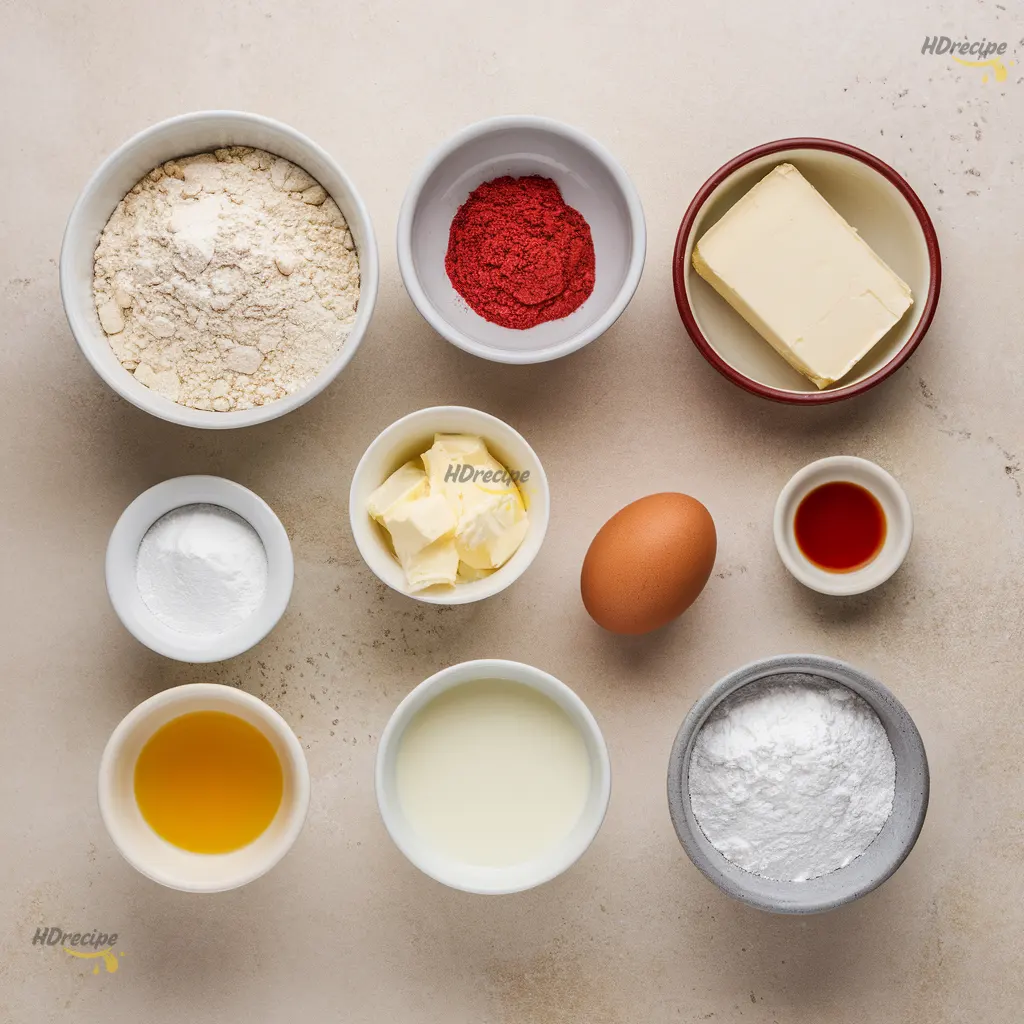 red-velvet-crinkle-cookies-ingredients Top-down view of red velvet crinkle cookie ingredients in bowls