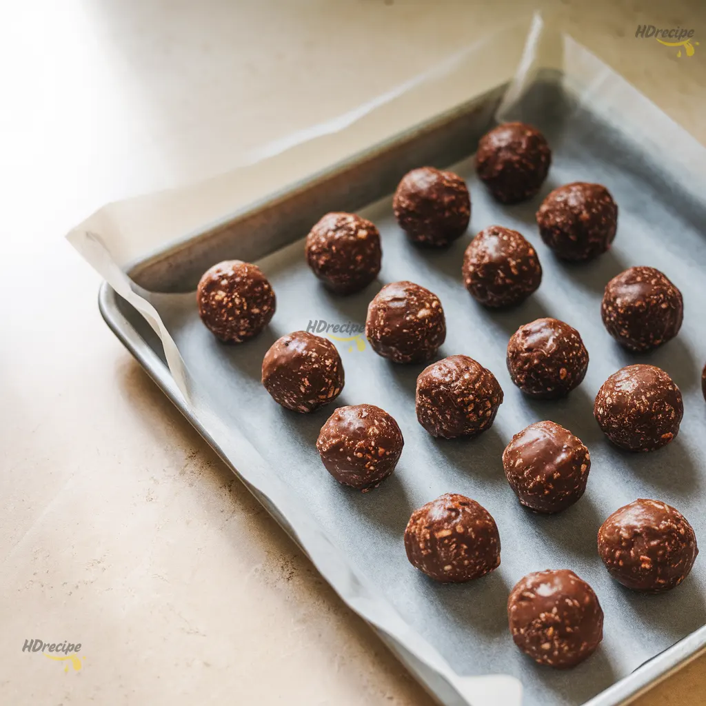 rolling-dark-chocolate-energy-balls rolling dark chocolate energy balls on a parchment-lined tray with oats and cocoa scattered.