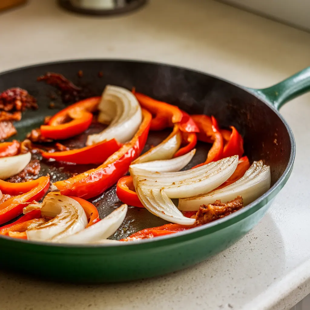 sauteed-peppers-onions-cajun-pasta Sliced onions and red bell peppers sautéing in a skillet with browned bits