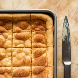 Top-down view of golden sopapilla cheesecake in a baking dish with cinnamon sugar topping and creamy filling exposed.