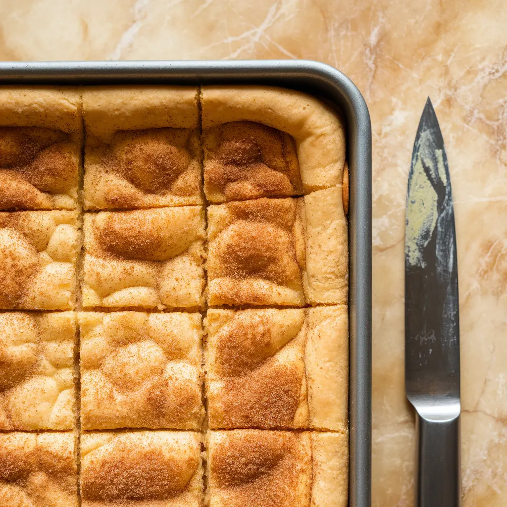 Top-down view of golden sopapilla cheesecake in a baking dish with cinnamon sugar topping and creamy filling exposed.