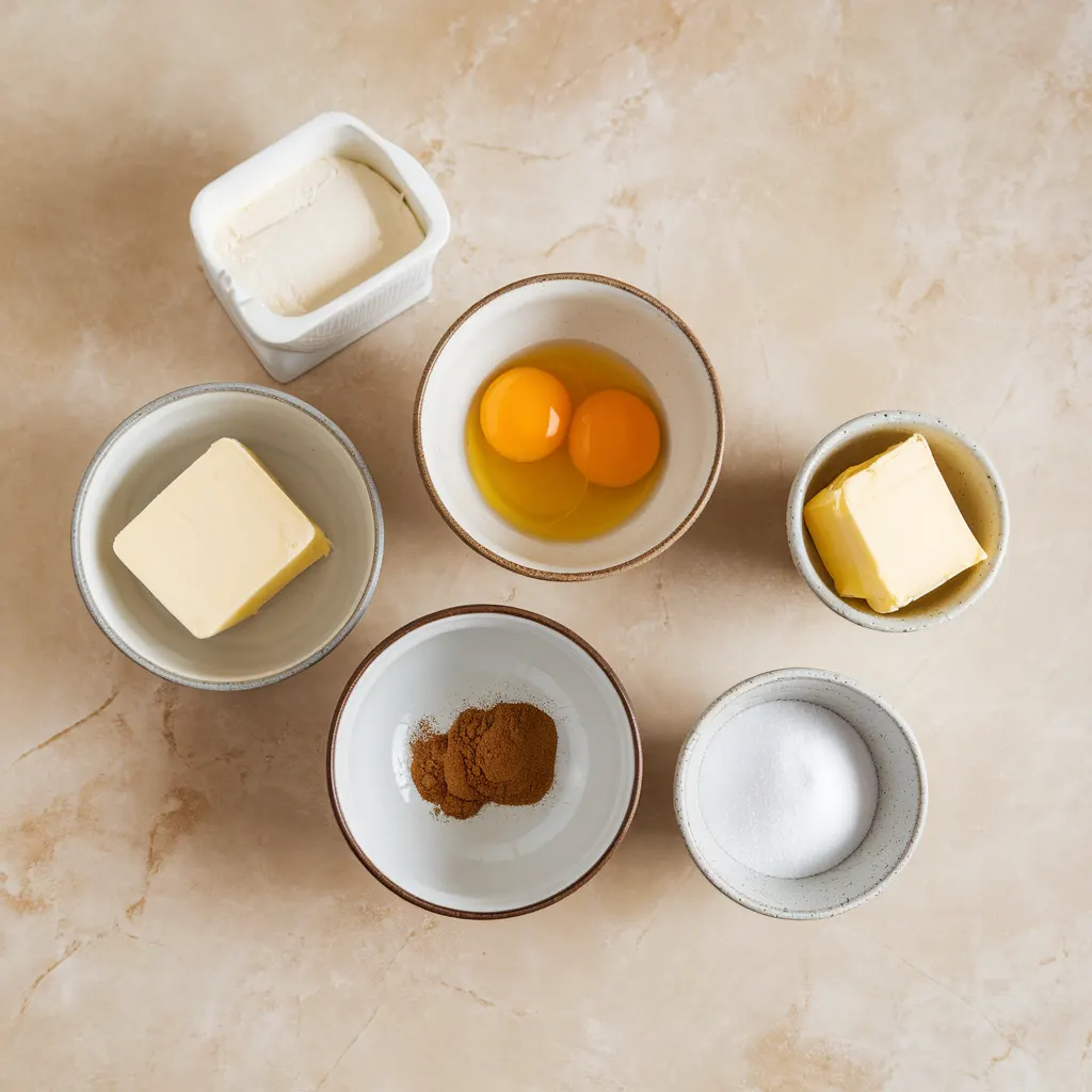 Flat lay of sopapilla cheesecake including cream cheese, crescent dough, butter, sugar, eggs, vanilla, and cinnamon.
