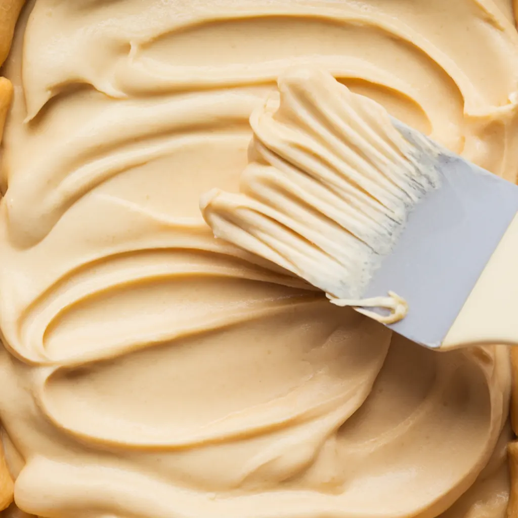 close-up of sopapilla cheesecake pan with crescent dough layer and creamy filling being spread with spatula.