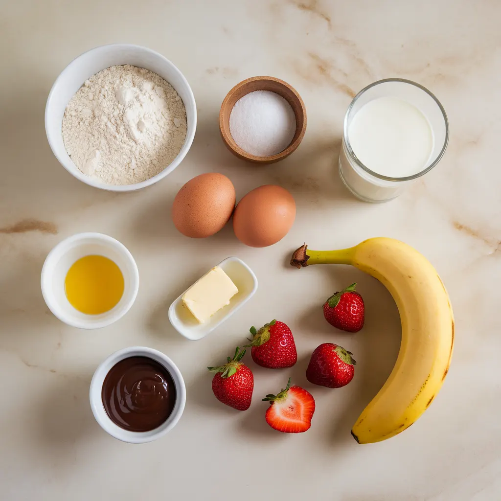 spaghetti pancake ingredients Flat lay of spaghetti pancake ingredients including flour, eggs, milk, butter, sugar, vanilla, strawberries, bananas, and chocolate sauce