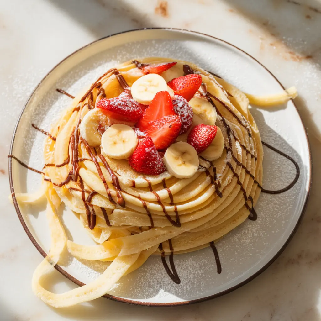 Top-down view of spaghetti pancakes drizzled with chocolate sauce, topped with strawberries and bananas,