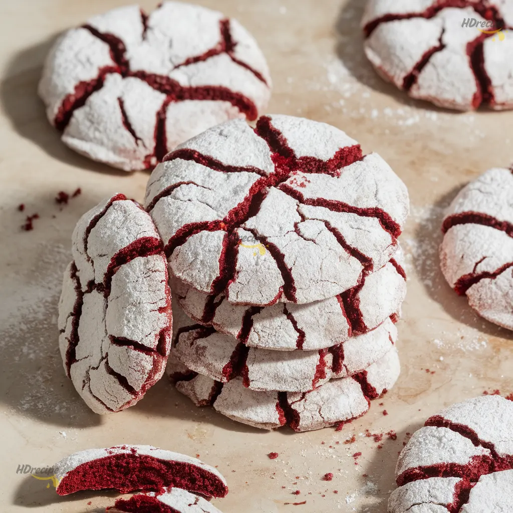 stacked-red-velvet-crinkle-cookies Stack of red velvet crinkle cookies on a plate with one broken open to show fudgy interior.