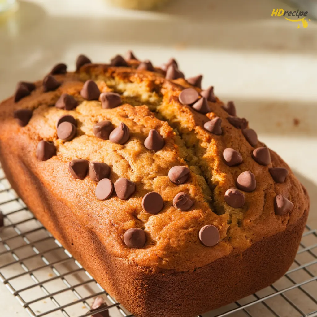 vegan-banana-bread-fresh-baked-loaf Freshly baked vegan banana bread loaf in a pan on a cooling rack, golden and slightly cracked on top.