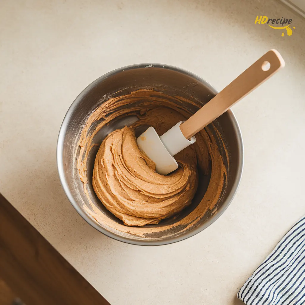 vegan-banana-bread-mixing-batter Overhead view of vegan banana bread batter being mixed with flour and cinnamon in a bowl