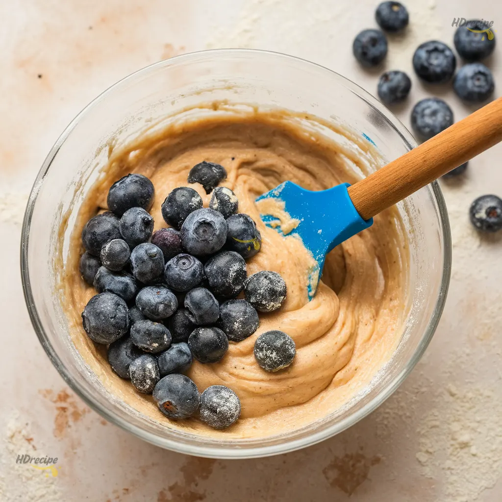 vegan-blueberry-muffins-batter-blueberries Muffin batter in a bowl with fresh blueberries being gently folded in with a spatula for vegan blueberry muffins with crumble topping.
