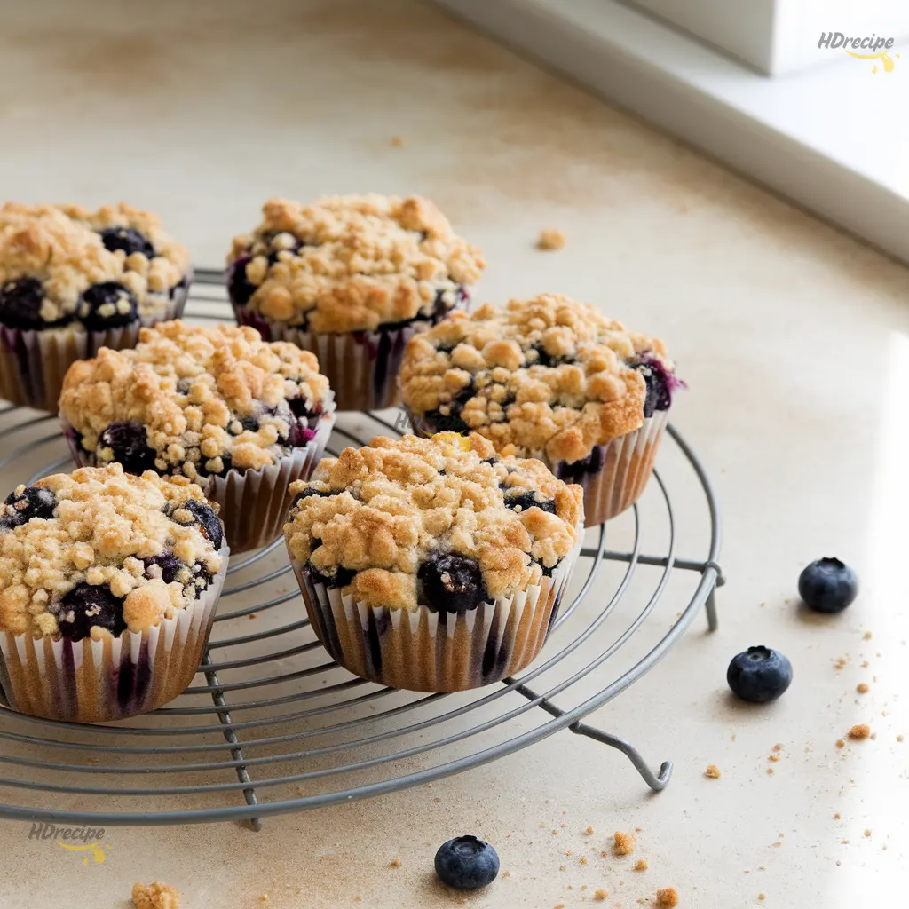 vegan-blueberry-muffins-cooling-rack Freshly baked vegan blueberry muffins cooling on a wire rack with golden crumble topping and crumbs scattered.