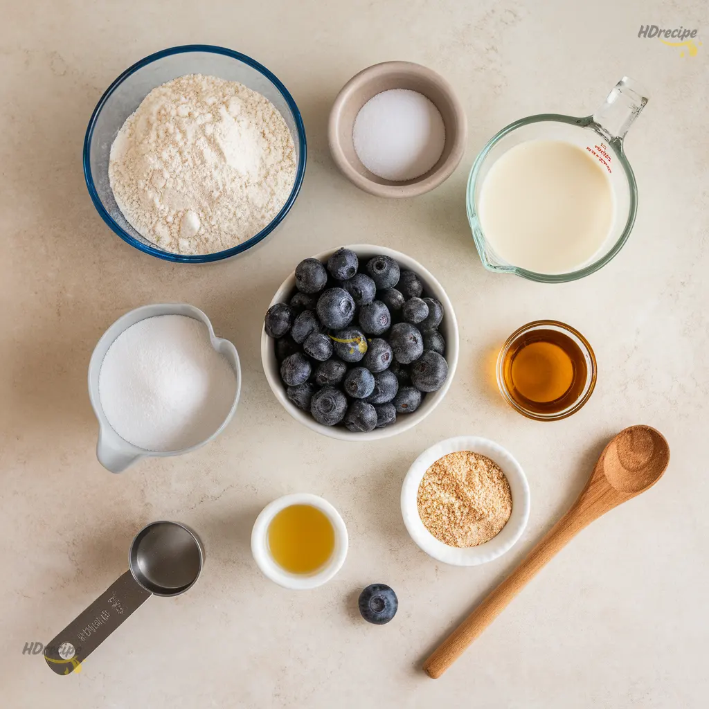 vegan-blueberry-muffins-ingredients Flat-lay of vegan blueberry muffin ingredients including flour, sugar, blueberries, plant milk, and crumble topping ingredients.