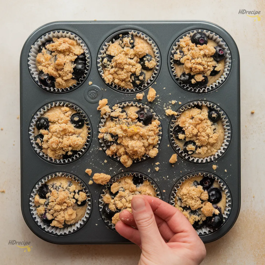 vegan-blueberry-muffins-unbaked-crumble Muffin tin with paper liners filled with blueberry muffin batter and topped with golden crumble, ready to bake on a white-beige counter.